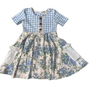 Jane + Jo Girls Blue Gingham Floral Ruffle Dress Size 3T Fairytale Cotton Flaws